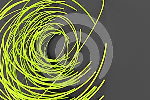 Digital black background of many green circles rod rotated at random angle and forming a frame around an empty space 3D