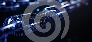 Digital blockchain chain link with binary code representation, symbolizing technology, security, and data integrity in