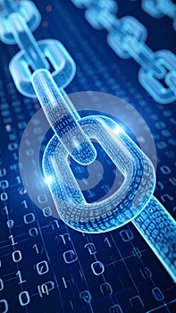 Digital blockchain chain links with binary code background representing technology