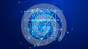 Digital blockchain concept. Data storage in separate cells. Abstract background with dots and connection lines. 3D