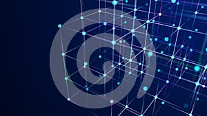 Digital blockchain concept. Data storage in separate cells. Abstract background with dots and connection lines. 3D