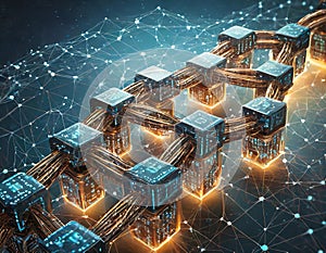Abstract digital blockchain illustration showcasing interconnected data blocks and secure network