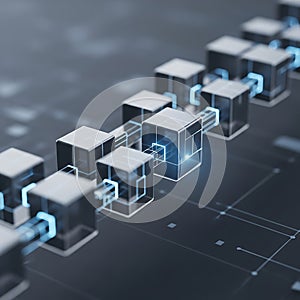 Digital blockchain network connecting cubes with glowing data streams