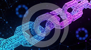 Digital blockchain network with glowing binary code links