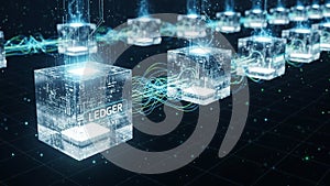 Digital blockchain network with glowing cubes and interconnected lines