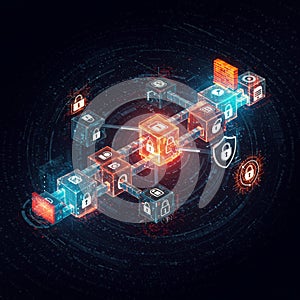 Digital blockchain network representation with interconnected 3D cubes featuring