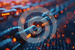 Digital blockchain technology concept with a glowing chain link made of binary code, symbolizing secure and decentralized data