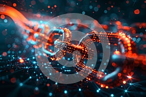 Digital blockchain technology concept with a glowing chain link made of binary code, symbolizing secure and decentralized data