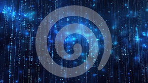 A digital blue background with code and lights