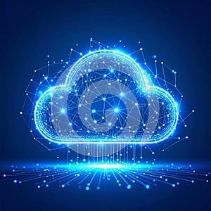 Digital Blue Cloud Computing Network with Data Transfer on Blue Background