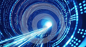 Digital blue tunnel with glowing data stream and binary code, symbolizing high-speed internet and network