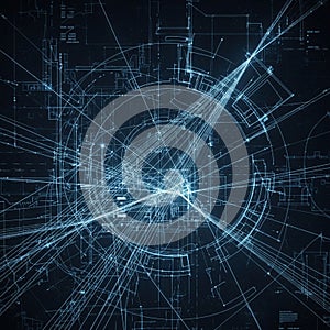 Digital blueprint featuring complex geometric patterns and circuitry