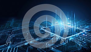 Digital blueprint of microchip with glowing circuits and data flow