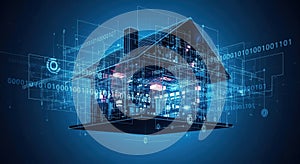 digital blueprint of a smart home with binary code