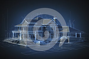 Digital Blueprint of Suburban House Construction