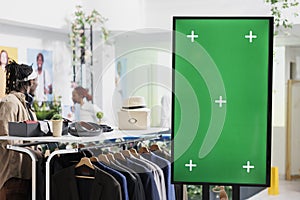 Digital board with green screen for clothes promotion mockup