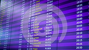 Digital board with schedule of airplane flights in airport