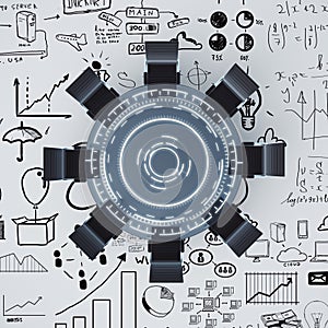 Digital boardroom table with business sketch