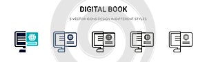 Digital book icon in filled, thin line, outline and stroke style. Vector illustration of two colored and black digital book vector