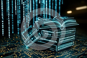 Digital Books E learning Online Education Tech Knowledge Glowing Books Stack Circuit Board Data
