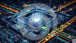 Digital Brain: AI Processor Core on High-Tech Circuit Board