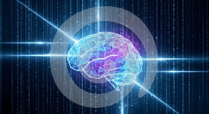 Digital Brain with Artificial Intelligence Concept and Glowing Network Connections with Binary Code Background and Data Processing