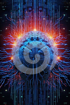 digital brain with binary code and neural network