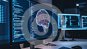 Digital Brain Circuitry Code on Modern Computer Screen Technology Abstract Artificial Intelligence Neural Network Data