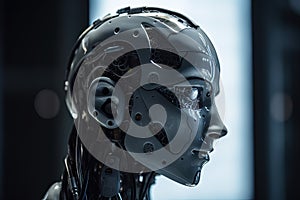 Digital Brain: Close-Up Portrait of Android Artificial Intelligence Head. Futuristic Technology Concept.