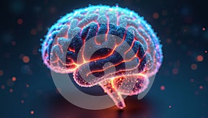 Digital brain concept glows with vibrant blue, orange particles. Represents Artificial Intelligence, machine learning, complex