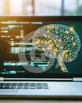 Digital Brain Concept on Laptop Displayed with Data Visualization