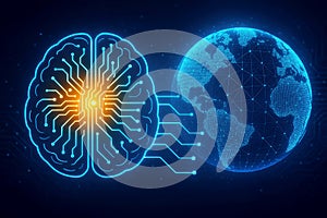 Digital brain connected to a glowing globe representing global AI integration artificial intelligence