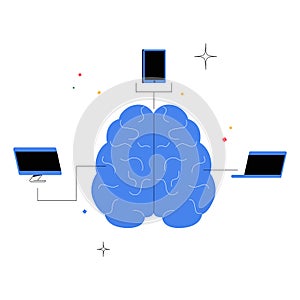 Digital Brain Connected To Devices In Flat Vector Illustration Symbolizing Artificial Intelligence, Neural Networks, And