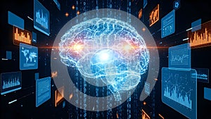 Digital brain connected to a network of futuristic data streams and interfaces