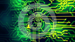 Digital-brain connectivity, AI processing, and global technology network solutions.