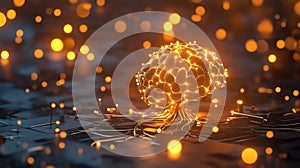 Digital brain creating network connections and glowing data points