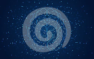 Digital brain formed by glowing blue circuit lines with central processing core on dark background