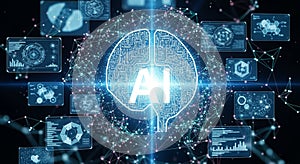 Digital brain with glowing AI interface and data network