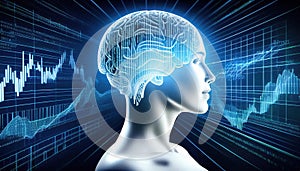 digital brain glowing with binary code streams, surrounded by charts and graphs, symbolizes intelligence and data analysis