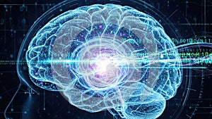 Digital brain with glowing center and binary code data streams.