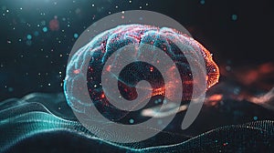 Digital brain, glowing, data, wave, dark, background, AI, concept