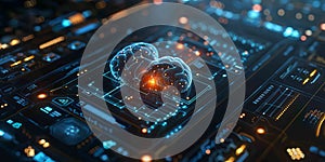 Digital brain hologram on futuristic interface, , machine learning, and advanced technology concepts