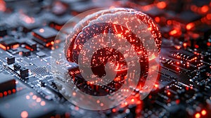 Digital brain illuminated on a circuit board, symbolizing artificial intelligence and technological advancement