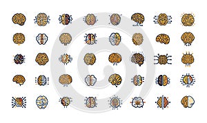 Digital brain logos vector set. Artificial intelligence digitized consciousness data processing simple icons isolated on