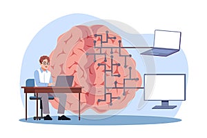 Digital brain machine learning of artificial intelligence. Programmer uploads new data to an electronic brain, human and AI