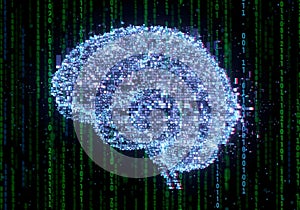 Digital brain made of glowing data pixels over binary code background, conceptual depiction of AI neural network and brain
