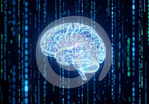 Digital brain made of glowing data pixels over binary code background, conceptual depiction of AI neural network and brain