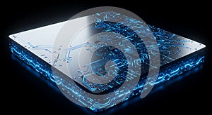 Digital brain with neon blue circuits