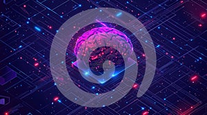 Digital brain processing data on futuristic circuit board