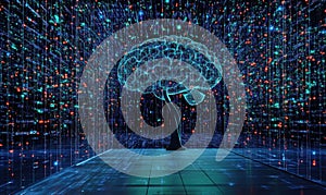 Digital brain structure illuminated by colorful data streams